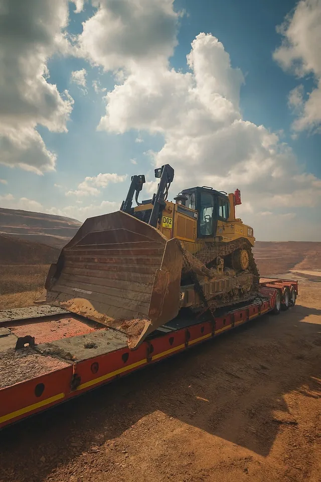 A Caterpillar dozer chained to a red lowbed trailer on a mine haul road under a wide sky
